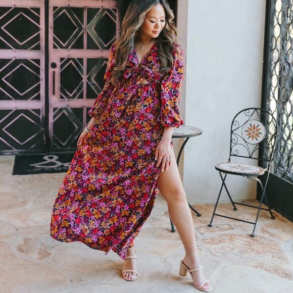 Buddy Love Desirae Floral Long Sleeve High Slit Maxi Dress - Picture 1 of 13